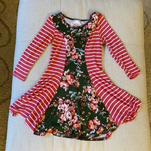 Girls Pink Vanilla Floral and Striped Long Sleeved Dress SZ 7